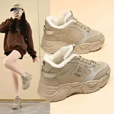 Women's Fleece Lined High-Top Dad Shoes Winter 2024, Korean Style Casual Sneakers K819-5