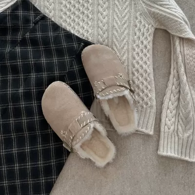 Women's New Fleece Toe-Cover Birkenstock Shoes, Winter Casual Slip-On Cotton Mules