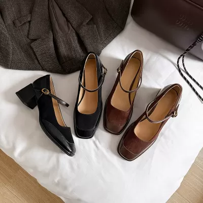 New Spring French Vintage Buckle Strap Mary Jane Heels for Women