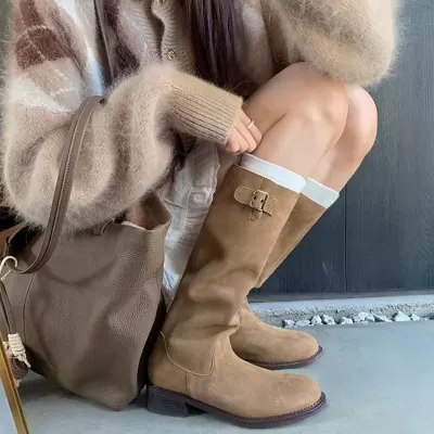Round Toe Buckle Chunky Heel Knee High Boots for Women
