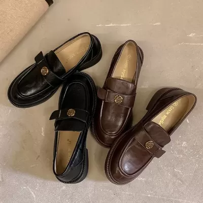 British Style Loafers for Women Thick Sole Vintage Black Leather Shoes · YANYAN China shoe factory