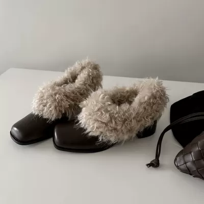 Square Toe Fluffy Loafers Women Fall Winter Warm Fleece Lined Chunky Heel Leather Shoes