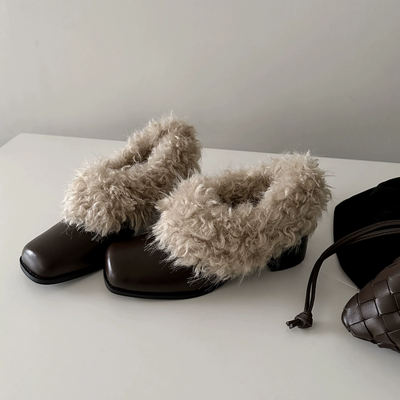 Square Toe Fluffy Loafers Women Fall Winter Warm Fleece Lined Chunky Heel Leather Shoes