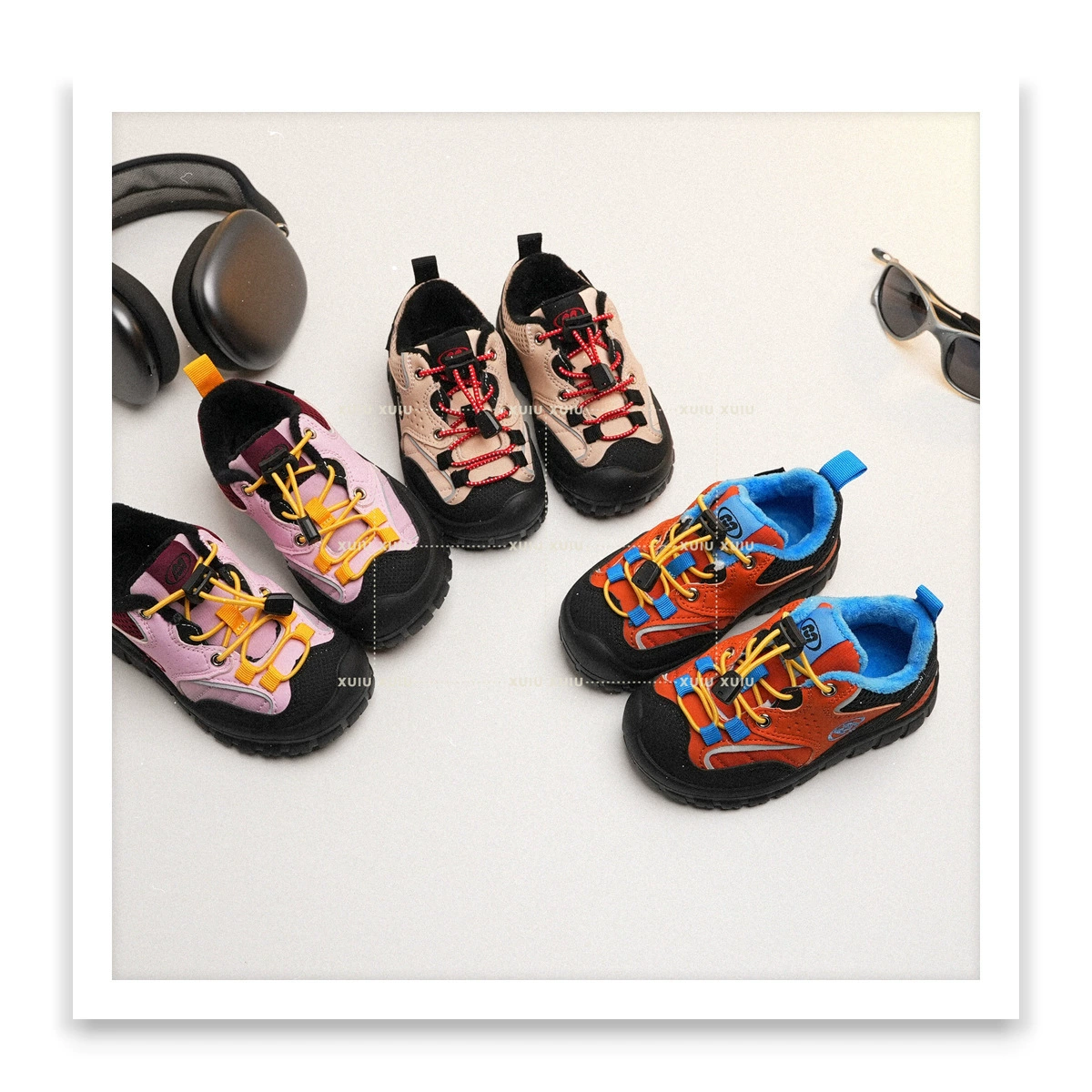 XSHX Kids Hiking Shoes, Unisex, Autumn Winter, Waterproof Leather, Fleece, Wenzhou Shoes