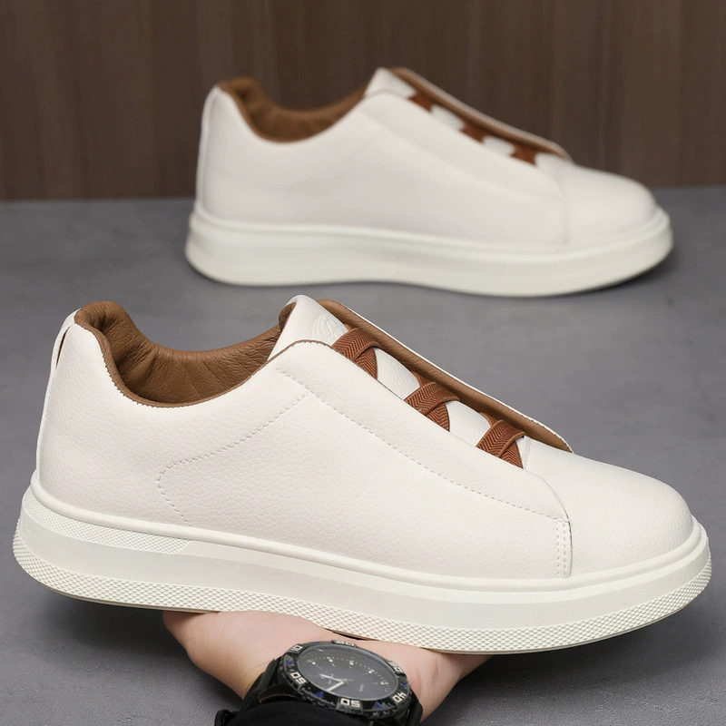 Men's Large Size 46 Low Top Casual Board Shoes, Leather Soft Sole Breathable White Shoes