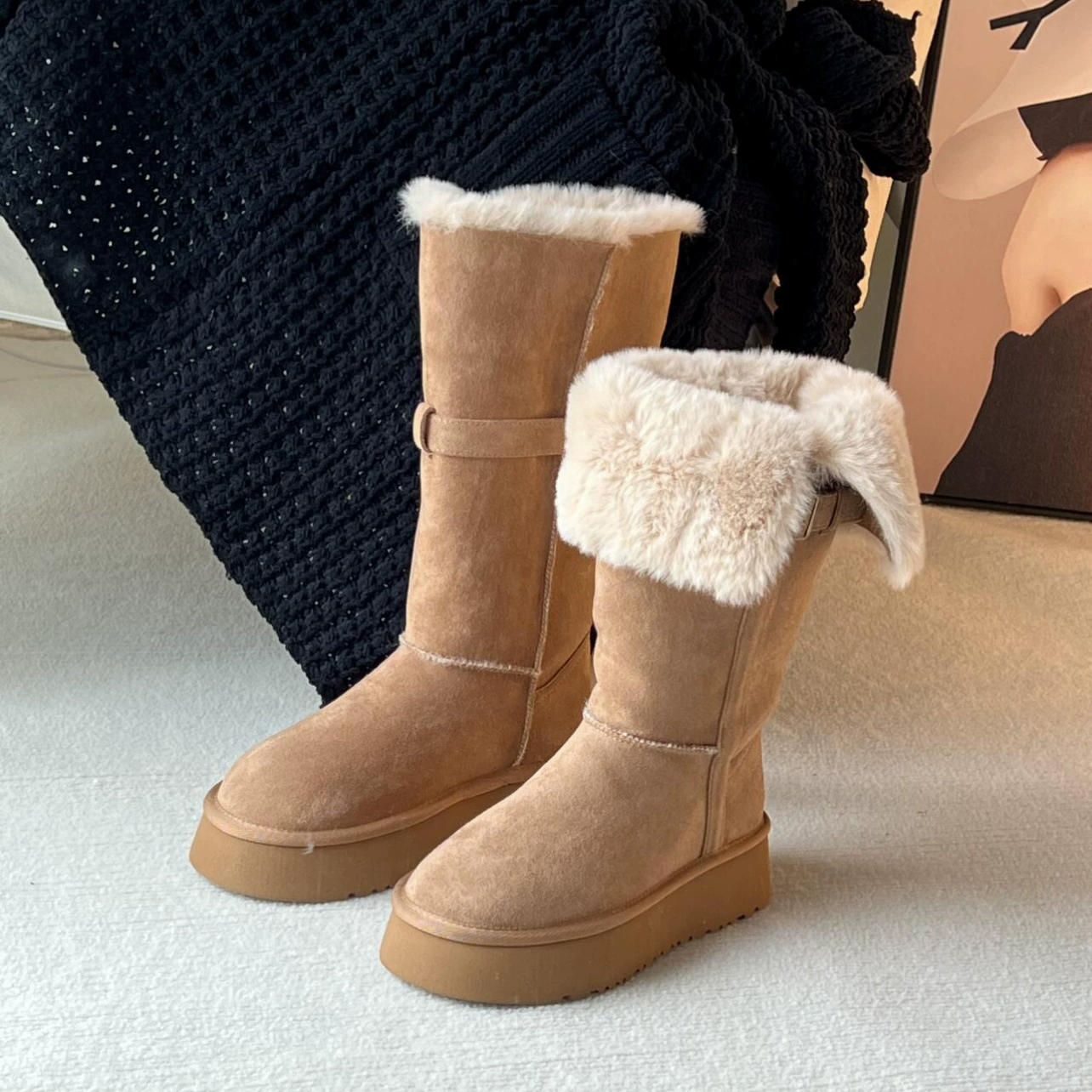 Casual Outdoor Thick Sole Fleece Lined Snow Boots Women Fall Winter Round Toe Heightened Suede Two-Way Fluffy Boots