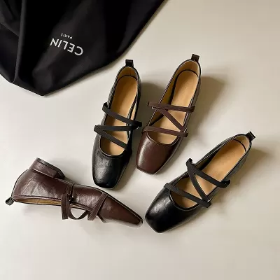 Soft Leather Handmade Square Toe Cross Strap Mary Jane Shoes for Women