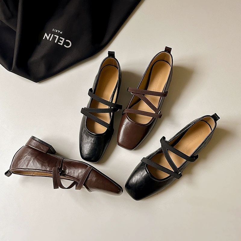 Soft Leather Handmade Square Toe Cross Strap Mary Jane Shoes for Women