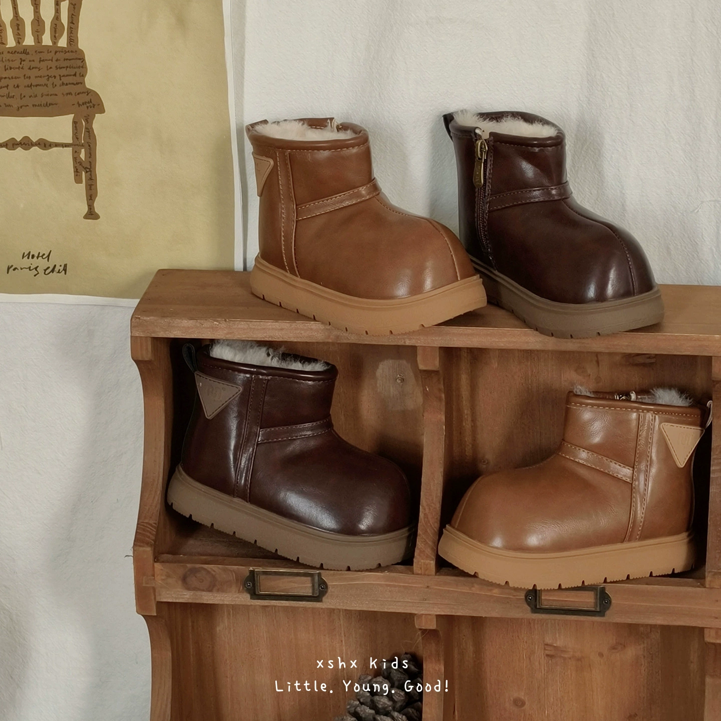 XSHX Kids Snow Boots, Unisex, Winter, Waterproof, Wool Lining, Wenzhou Shoes