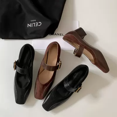 Spring French Square Toe Buckle Strap Chunky Heel Mary Jane Shoes