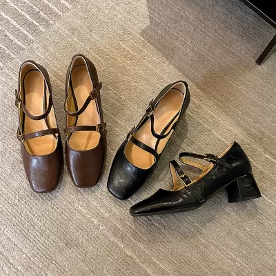 New Spring French Vintage Mary Jane Square Toe Chunky Heel Shoes