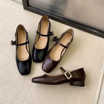 Square Toe Flat Mary Jane Shoes with Metal Buckle for Women Office