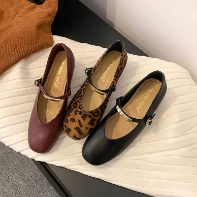 Leopard Print Height Increasing Mary Jane Shoes Square Toe Buckle