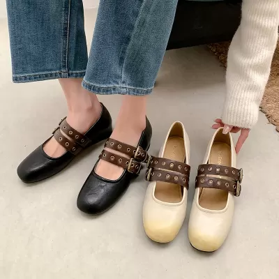 5cm Height Increasing Black Double Buckle Flat Mary Jane Shoes for Women
