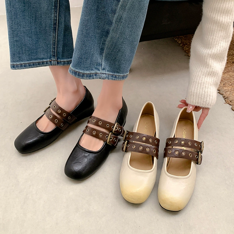 5cm Height Increasing Black Double Buckle Flat Mary Jane Shoes for Women
