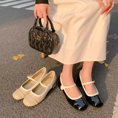 French Chanel Style Chunky Heel Mary Jane Shoes Round Toe Patent Leather