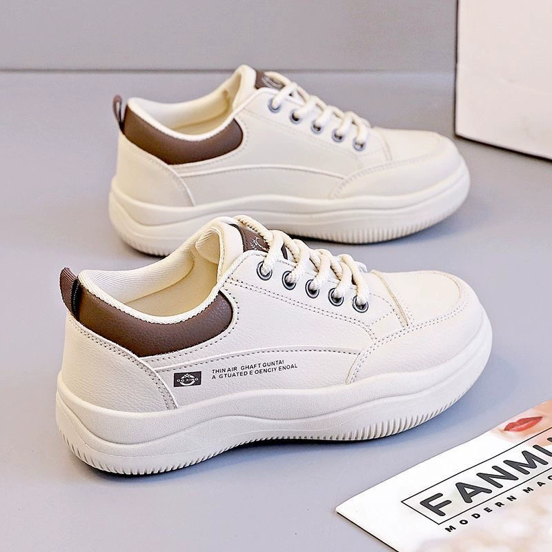 Women's Spring Summer 2025 Leather White Shoes, Korean Style Thick Sole Running Sneakers Q820