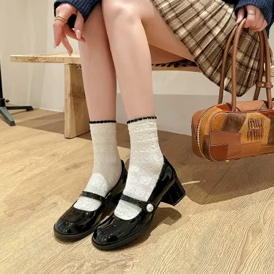 Korean Round Toe Pearl Red Chunky Heel Mary Jane Shoes for Women