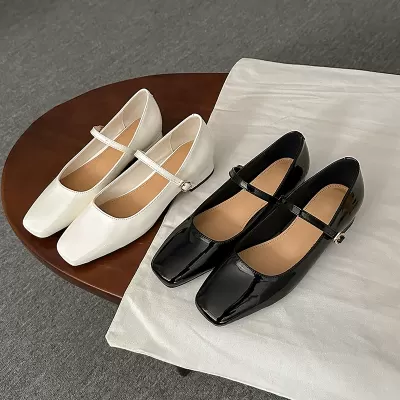 French Square Toe Buckle Mary Jane White Chunky Heel Office Shoes