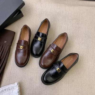 New Spring British Vintage Gold Buckle Round Toe Slip-On Loafers