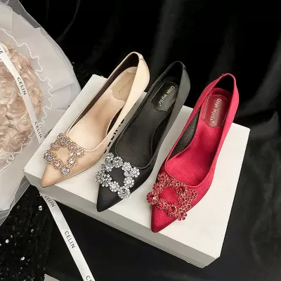 Satin Square Buckle Crystal Stiletto Pointed Toe Red Wedding Shoes