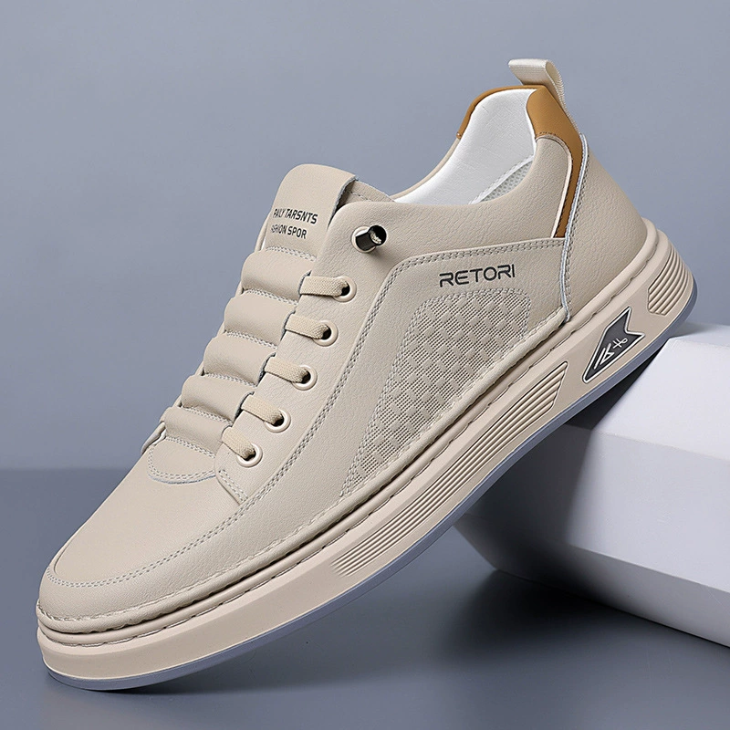 Spring 2026 New Men's Leather Board Shoes Breathable Casual Sports Shoes Korean Trendy White