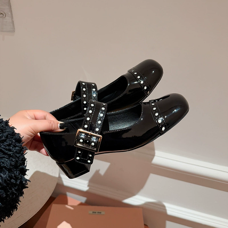New Spring French Mary Jane Square Toe Buckle Chunky Heel Patent Leather