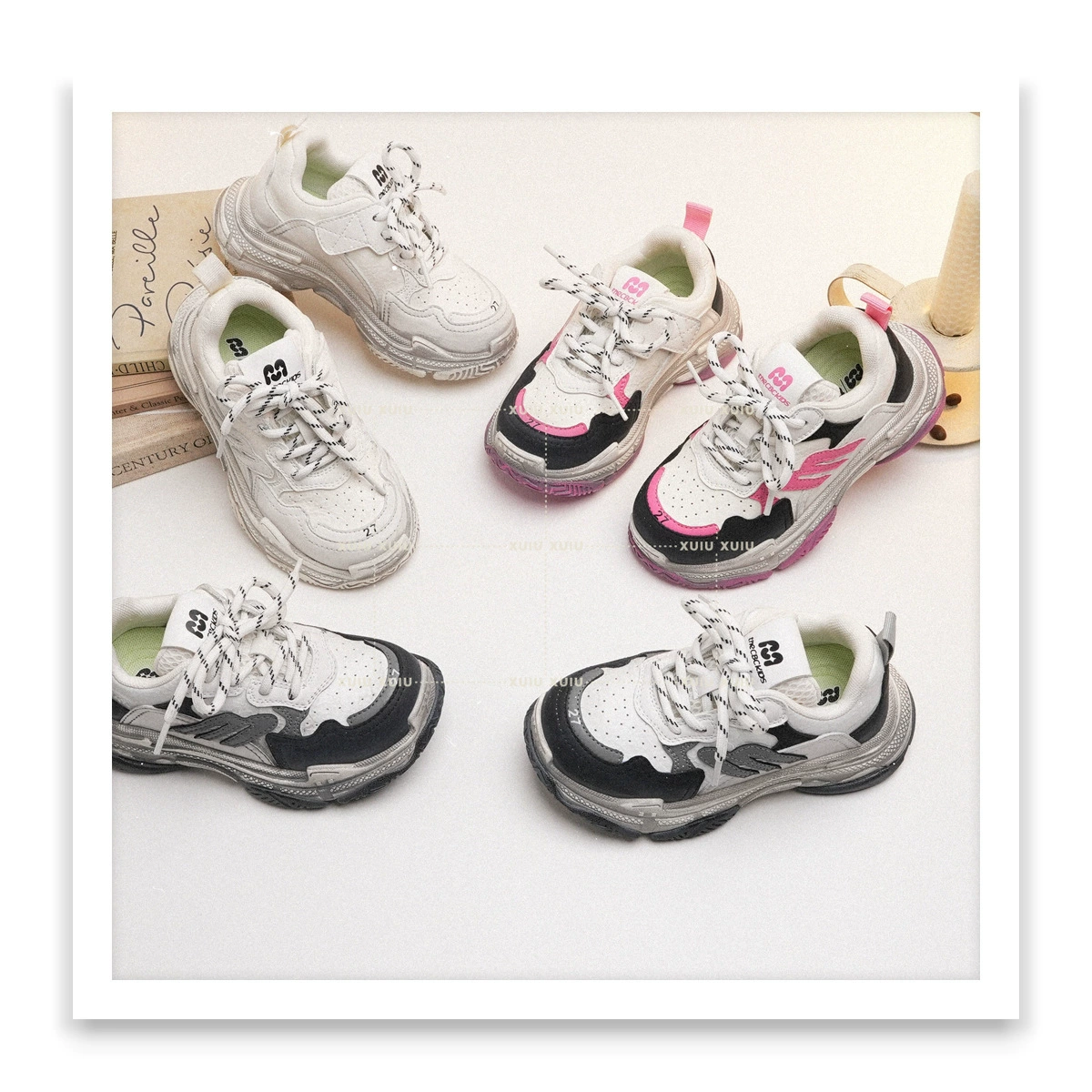 XSHX Paris Sports Retro Kids High-Top Sneakers with Hook and Loop for Spring Autumn