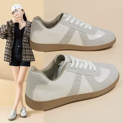 Women's Spring Summer 2025 German Trainer White Shoes, Flat Sole Casual Sneakers D02