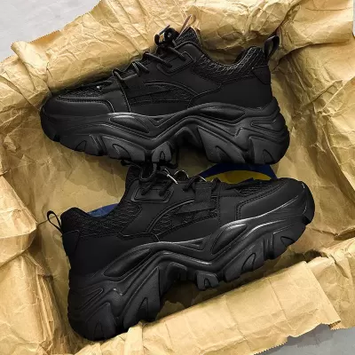 Men's Winter Mesh Breathable Fashion Casual Sports Shoes Thick Sole Heightening Black Dad Shoes