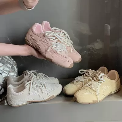 New Spring Pearl Double Strap Leather Height Increasing Ballet Sneakers