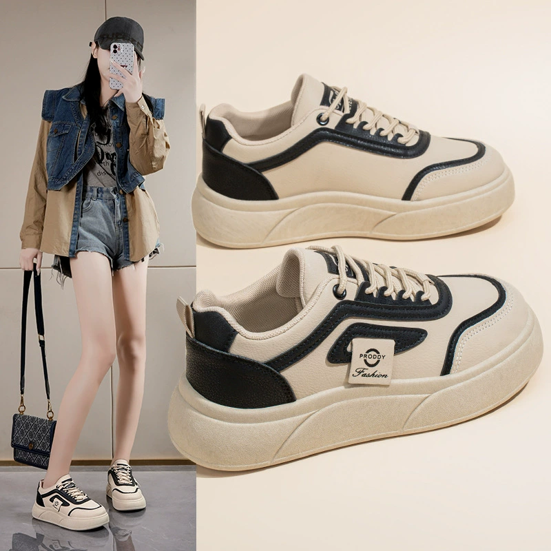 2025 Spring Women's Breathable White Sneakers Korean Thick Sole Casual Board Shoes