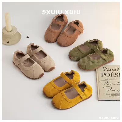 XSHX Mius Pleated Leather Ballet Shoes for Girls Retro Hook and Loop Spring Autumn