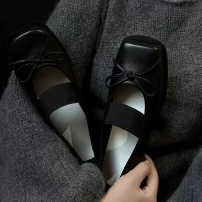 Spring Summer New Square Toe Shallow Mary Janes Women New Bow Genuine Leather Ballet Thick Sole Leather Shoes · YANYAN China shoe factory