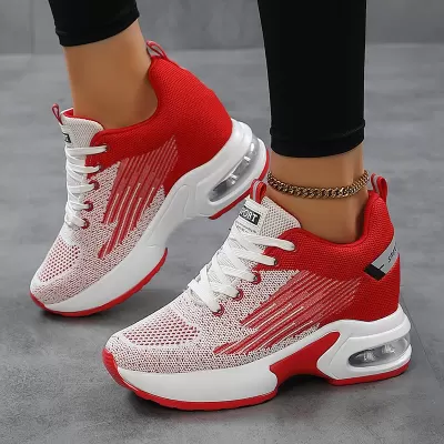 Factory Spring Fall New Women Height Increasing Knit Breathable Thick Sole Sports Shoes Anti Slip