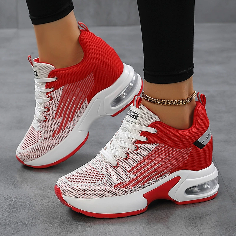 Factory Spring Fall New Women Height Increasing Knit Breathable Thick Sole Sports Shoes Anti Slip