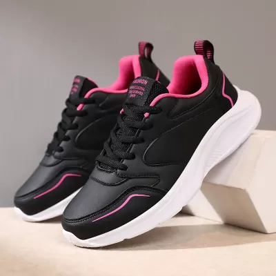 All Black Women Sports Shoes Leather Waterproof Soft Sole Lightweight Work Shoes Plus Size · YANYAN China shoe factory
