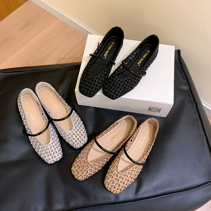 New Spring French Square Toe Woven Strap Soft Leather Flats for Women