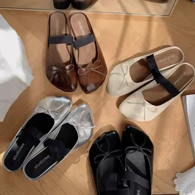 New Spring Irregular Mango Toe French Bow Strap Lazy Half Slippers for Women