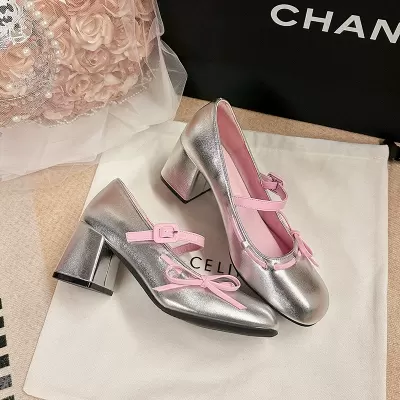 Spring Chunky Heel Mary Jane Shoes for Women, 6cm Height Increase Sweet Bow · YANYAN China shoe factory