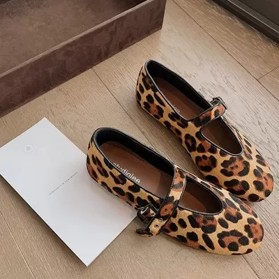 New Spring Leopard Print Round Toe Strap Flat Mary Jane Shoes for Women