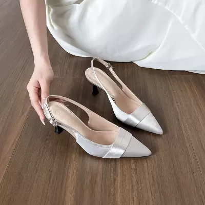Pointed Toe Satin Stiletto Heels for Women, French Formal Open Back Sandals · YANYAN China shoe factory