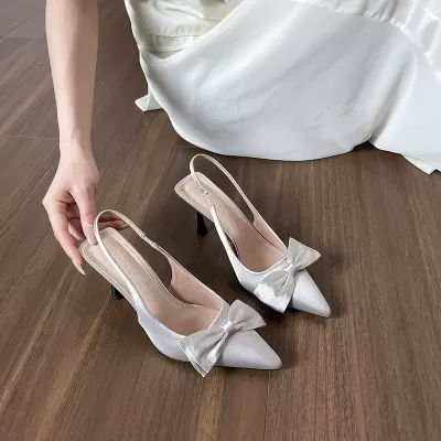 Summer French Satin Stiletto Heel Sandals for Women, Elegant Bow Closed Toe