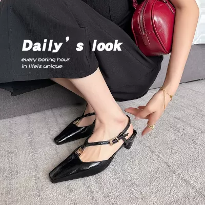 Square Toe Gold Buckle Eel Skin Kitten Heel Open Back Sandals for Women Summer