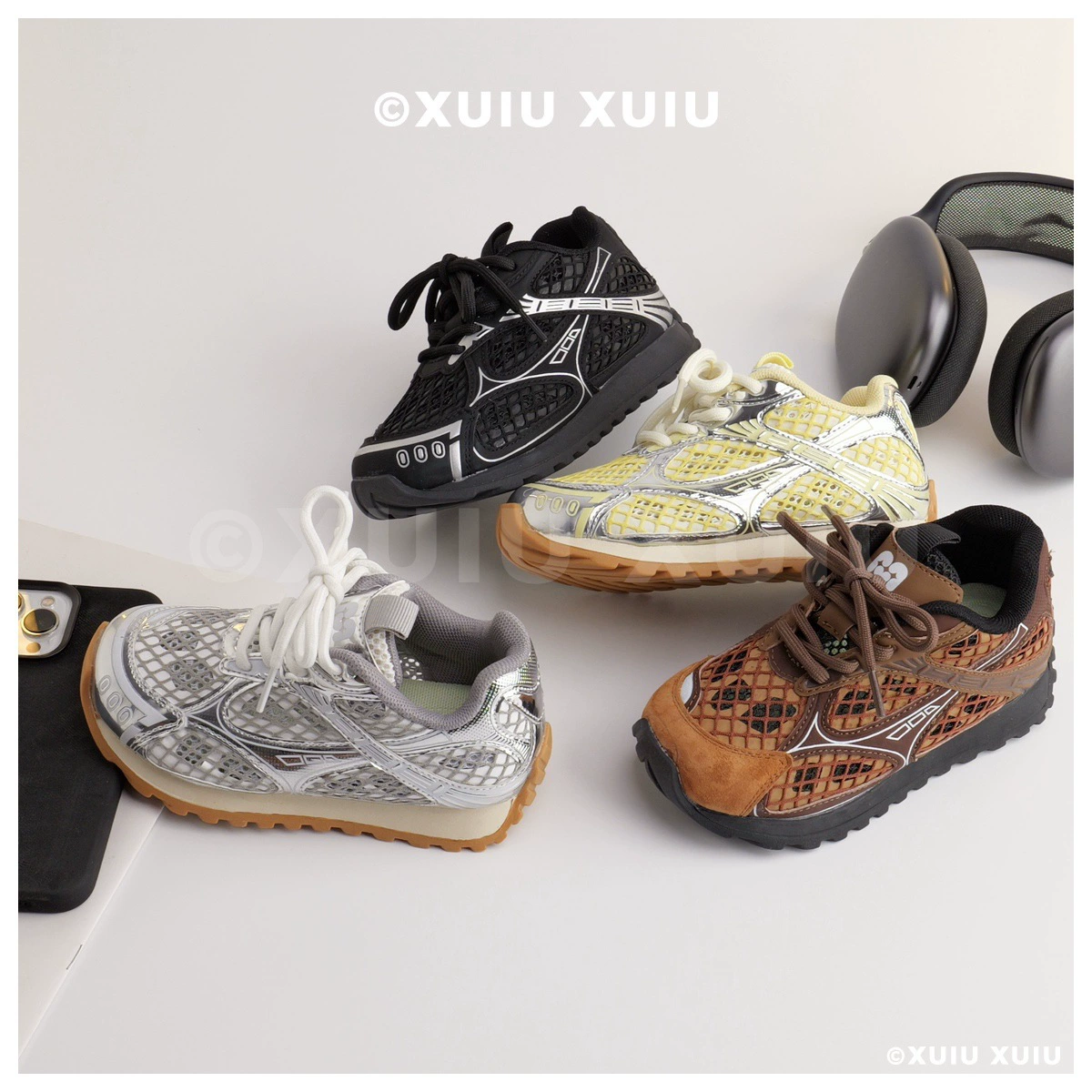 XSHX High-End Breathable Mesh Kids Hidden Hook and Loop Sneakers Spring Summer