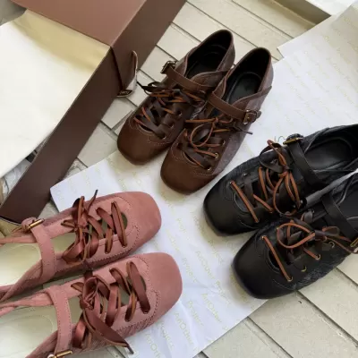 2025 New Shallow Lace Up Ballet Shoes Women Spring New Genuine Leather Round Toe Ribbon Flat German Training Shoes · YANYAN China shoe factory