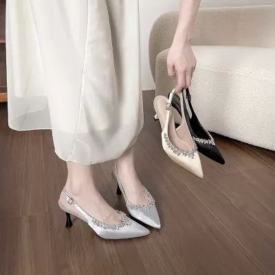 Elegant Satin Pointed Stiletto Heels for Women, French Rhinestone Open Back