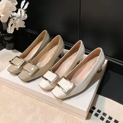 New Spring Square Toe Chunky Heel Pumps for Women, Slimming Buckle Office Shoes · YANYAN China shoe factory