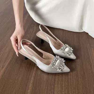 New Pointed Rhinestone Stiletto Heels for Women, French Elegant Open Back Sandals · YANYAN China shoe factory