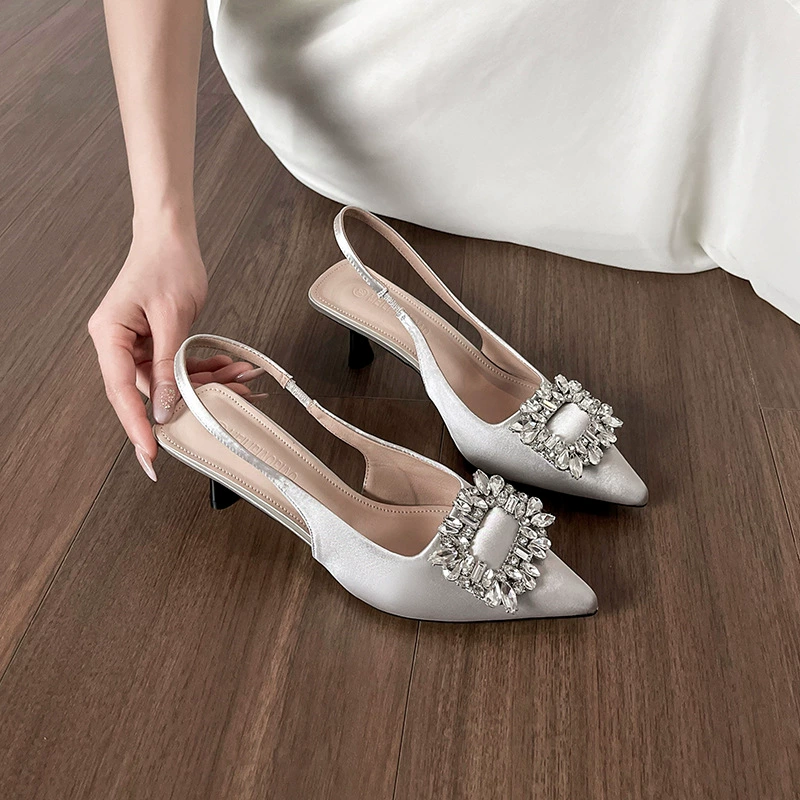 New Pointed Rhinestone Stiletto Heels for Women, French Elegant Open Back Sandals